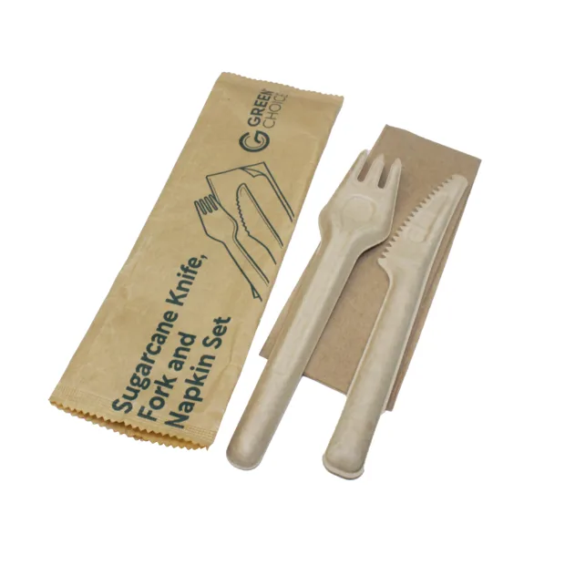 Sugarcane Cutlery Set - Knife Fork & Napkin - Green Choice