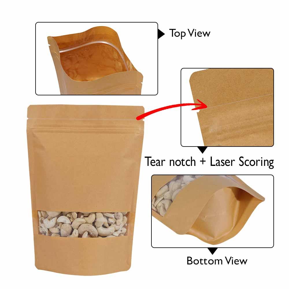 Stand Up Pouch Kraft Rectangle Window with Zip no Valve 150gm, Carton 1000 - SSP