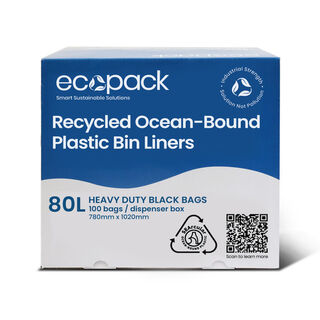 80L Ocean-Bound Recycled Plastic Bin Liners (Black) Roll (100 Bags) - Ecopack