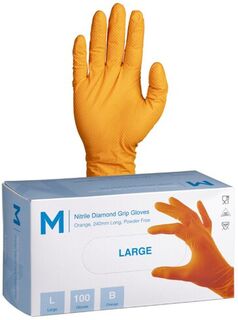 Nitrile Diamond Grip Gloves Powder Free - Orange, L, 240mm Cuff, 9.0g  - Matthews