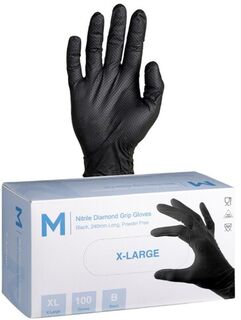 Nitrile Diamond Grip Gloves Powder Free - Black, XL, 240mm Cuff, 9.0g  - Matthews