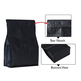 Flat Bottom Pouch 250g Matt Black w Zip w Valve 140w x 210h x (35 + 35)g