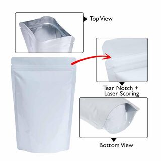 Stand Up Pouch 150g Shiny White both sides with Zip no Valve 130w x 210h x (40 + 40)g