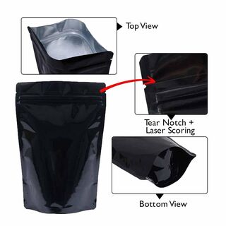 Stand Up Pouch 500g Shiny Black w Zip no Valve 190w x 265h x (55 + 55)g