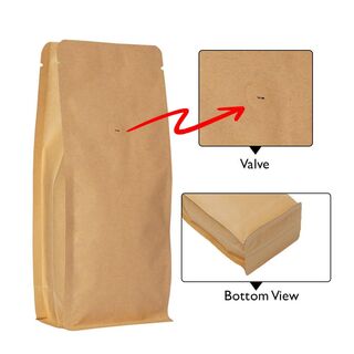 Flat Bottom Pouch - No Zipper 1kg Brown Paper with Valve 140w x 350h x (47.5 + 47.5)g